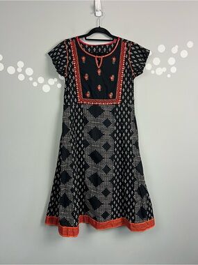 Srishti Embroidered Boho Midi Dress Size L Black Red Mirror Trim Indian